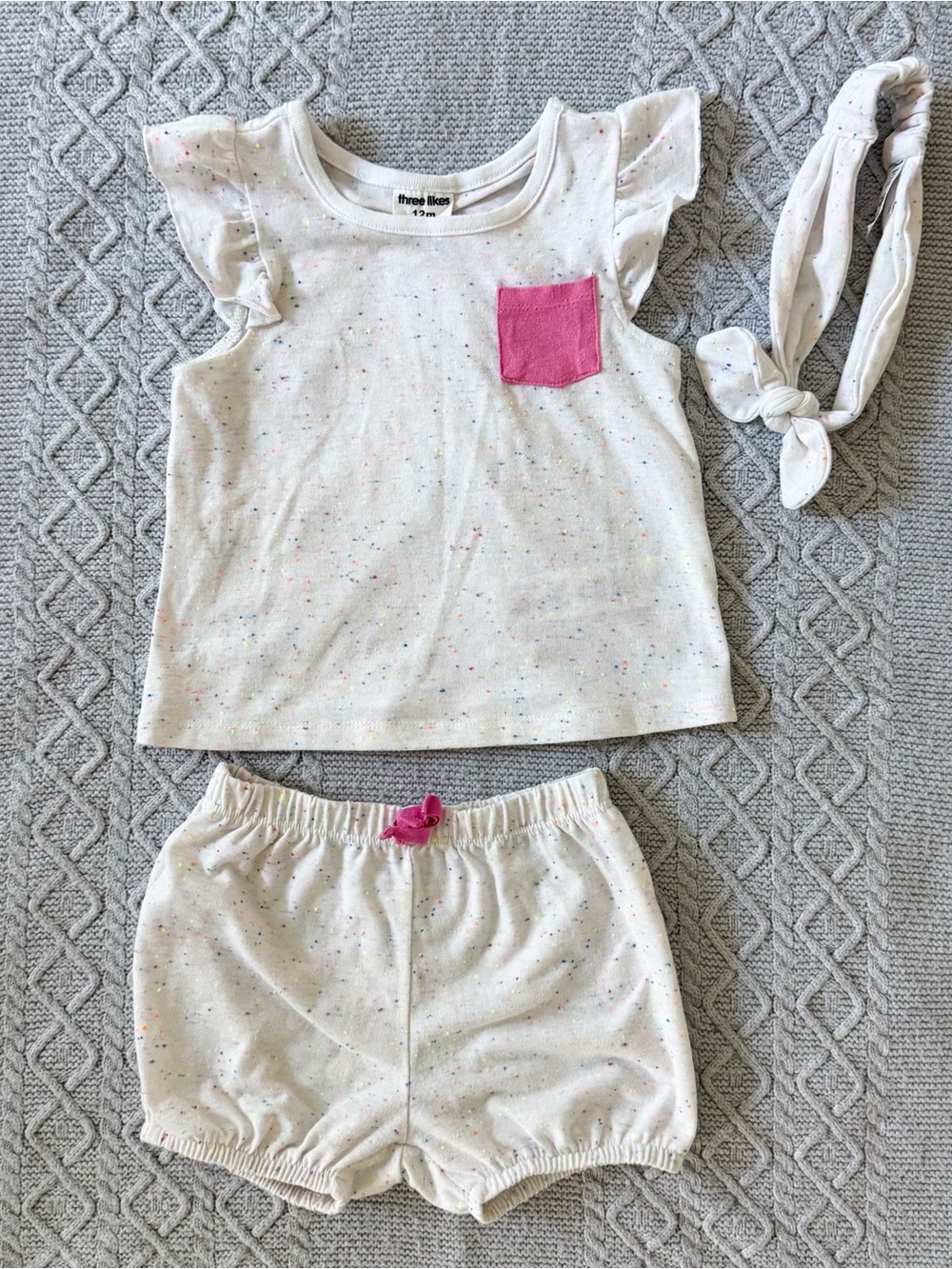 Toddler Girls White Confetti Speckled Matching Set Top Bloomers Headband 12M